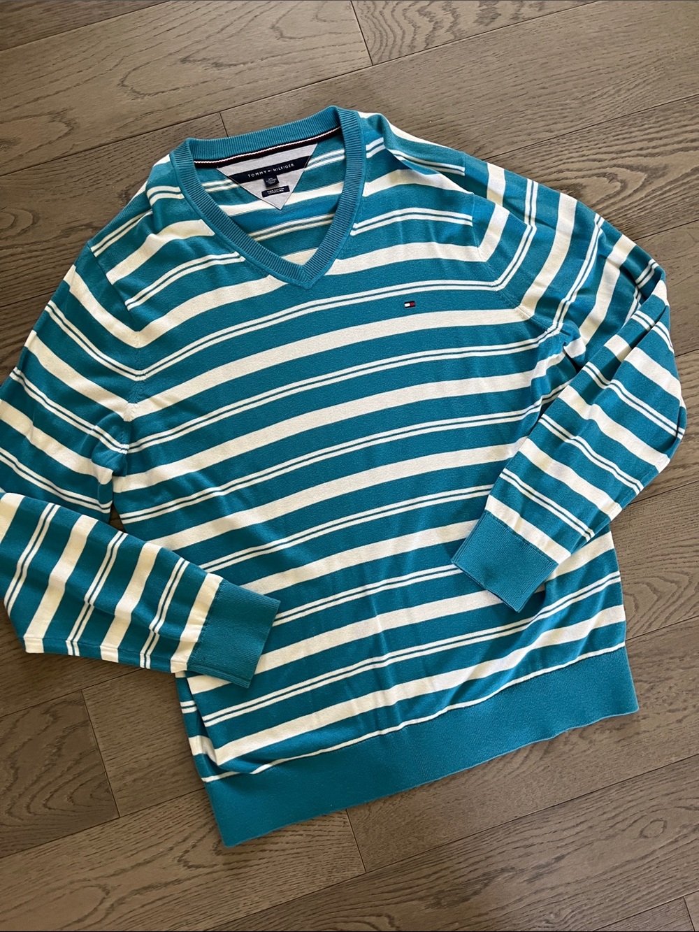 Tommy Hilfiger Teal & White Striped V-Neck Sweater